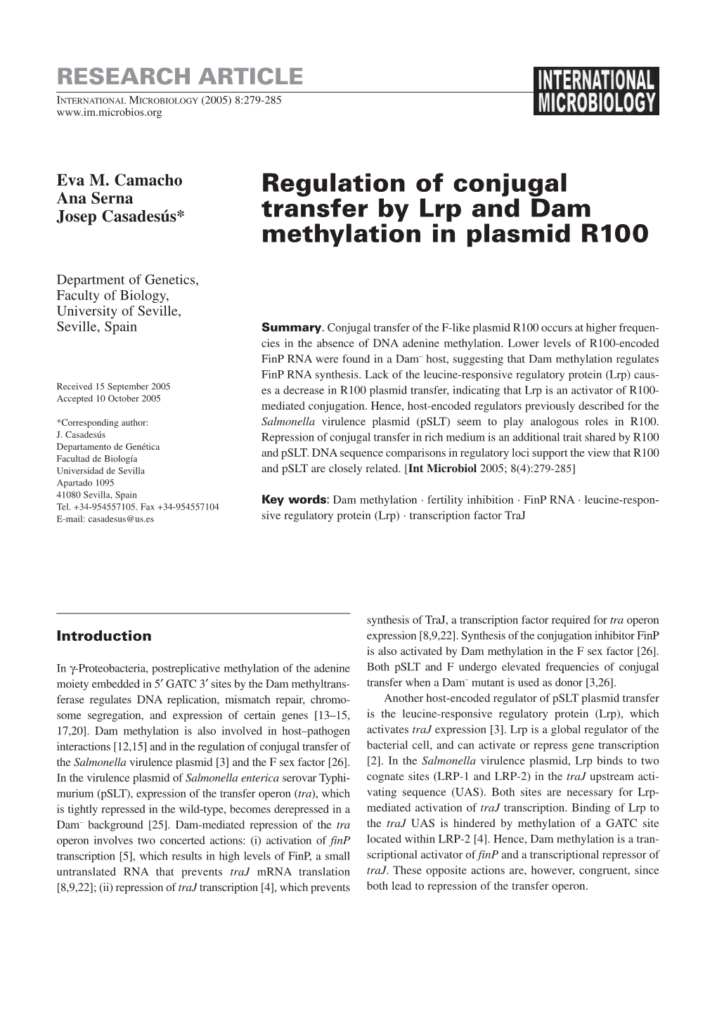 Regulation of Conjugal Transfer by Lrp and Dam Methylation in Plasmid R100