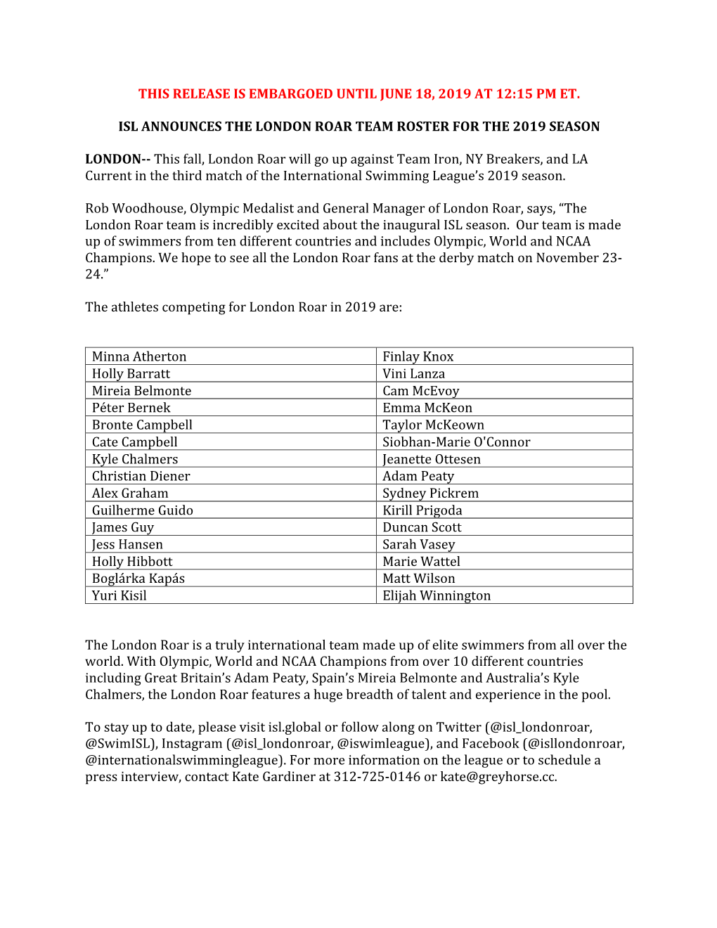 London Roar Team Roster for the 2019 Season