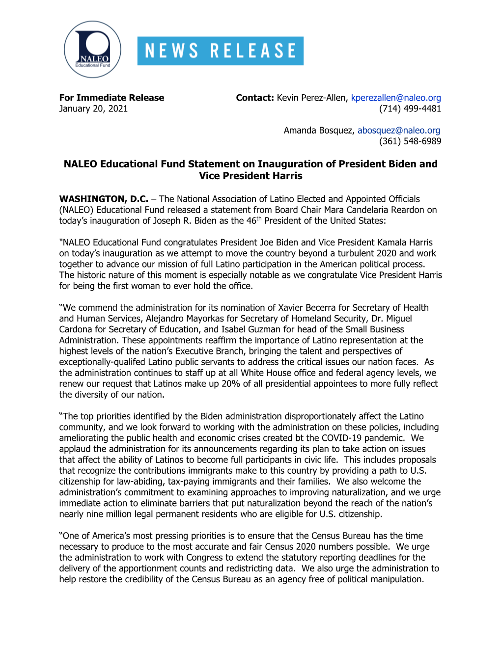 NALEO Educational Fund Statement on Inauguration of President Biden and Vice President Harris