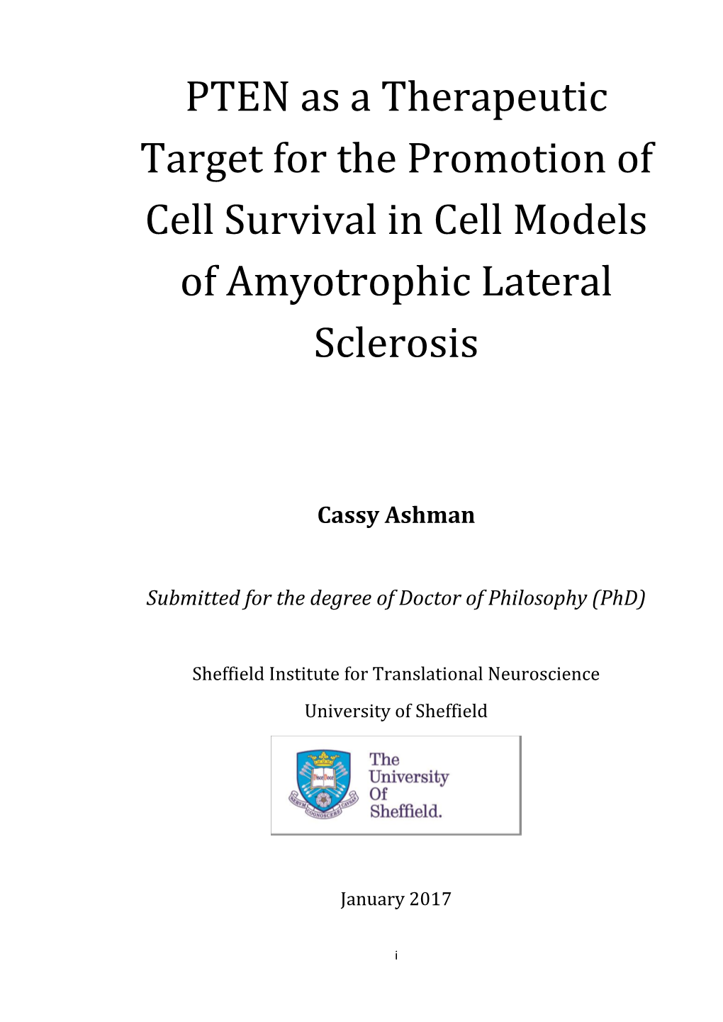 PTEN As a Therapeutic Target for the Promotion of Cell Survival in Cell Models of Amyotrophic Lateral Sclerosis