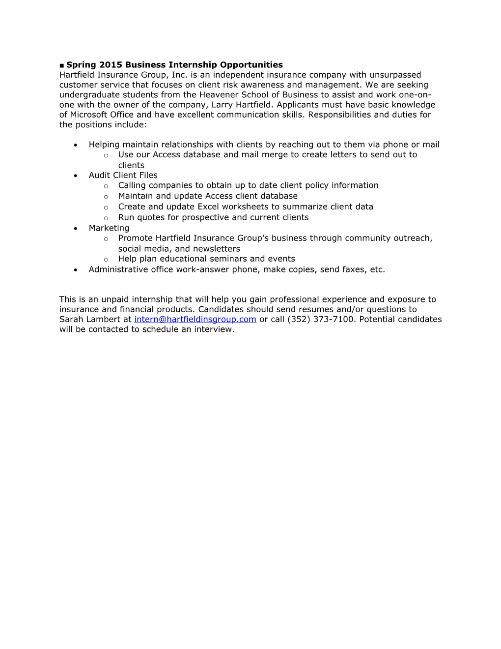 Spring 2015 Business Internship Opportunities