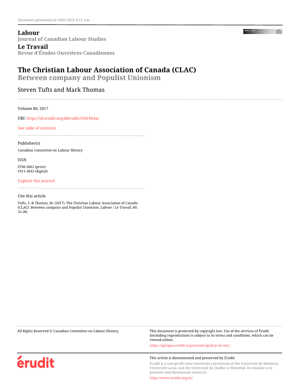 The Christian Labour Association of Canada (CLAC): Between Company and Populist Unionism
