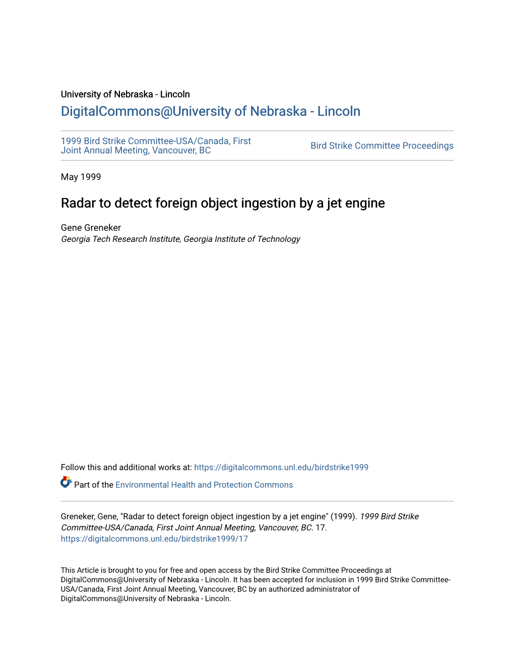 Radar to Detect Foreign Object Ingestion by a Jet Engine