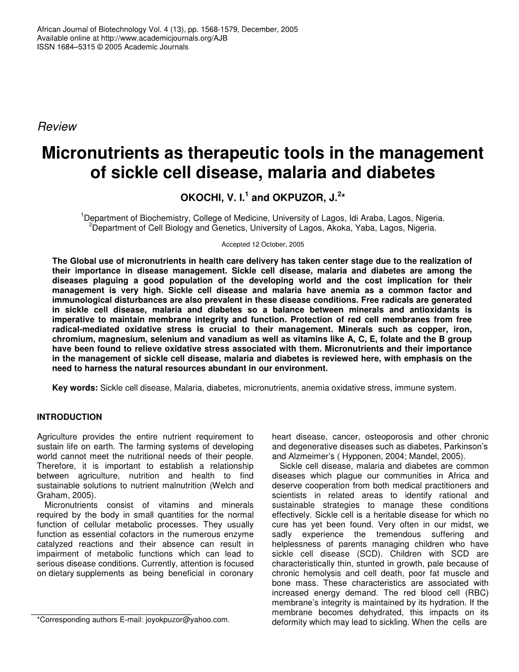 Micronutrients As Therapeutic Tools in the Management of Sickle Cell Disease, Malaria and Diabetes