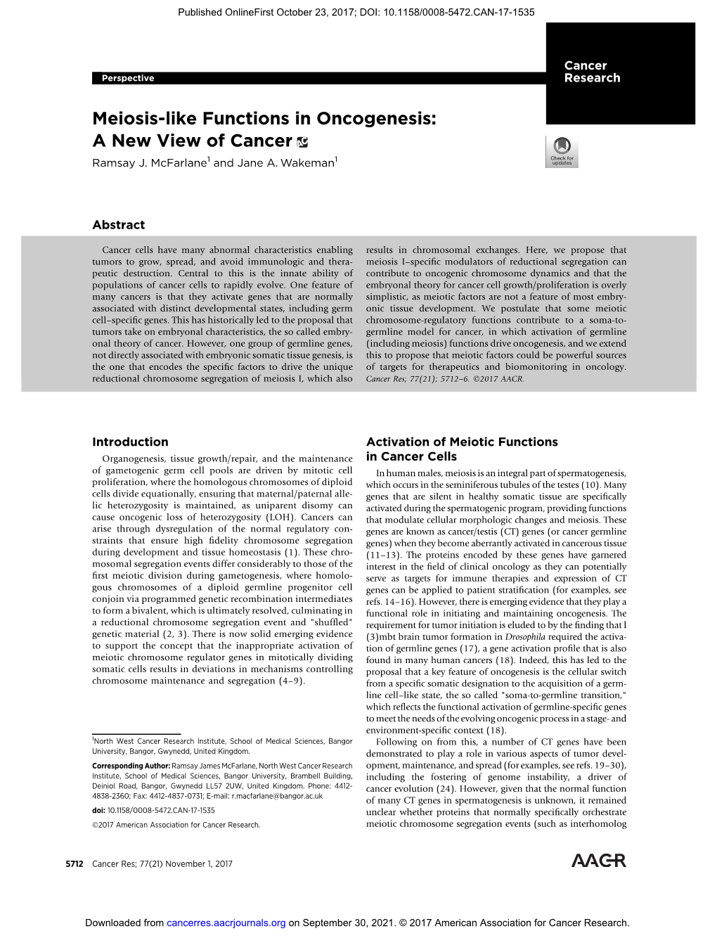 Meiosis-Like Functions in Oncogenesis: a New View of Cancer Ramsay J