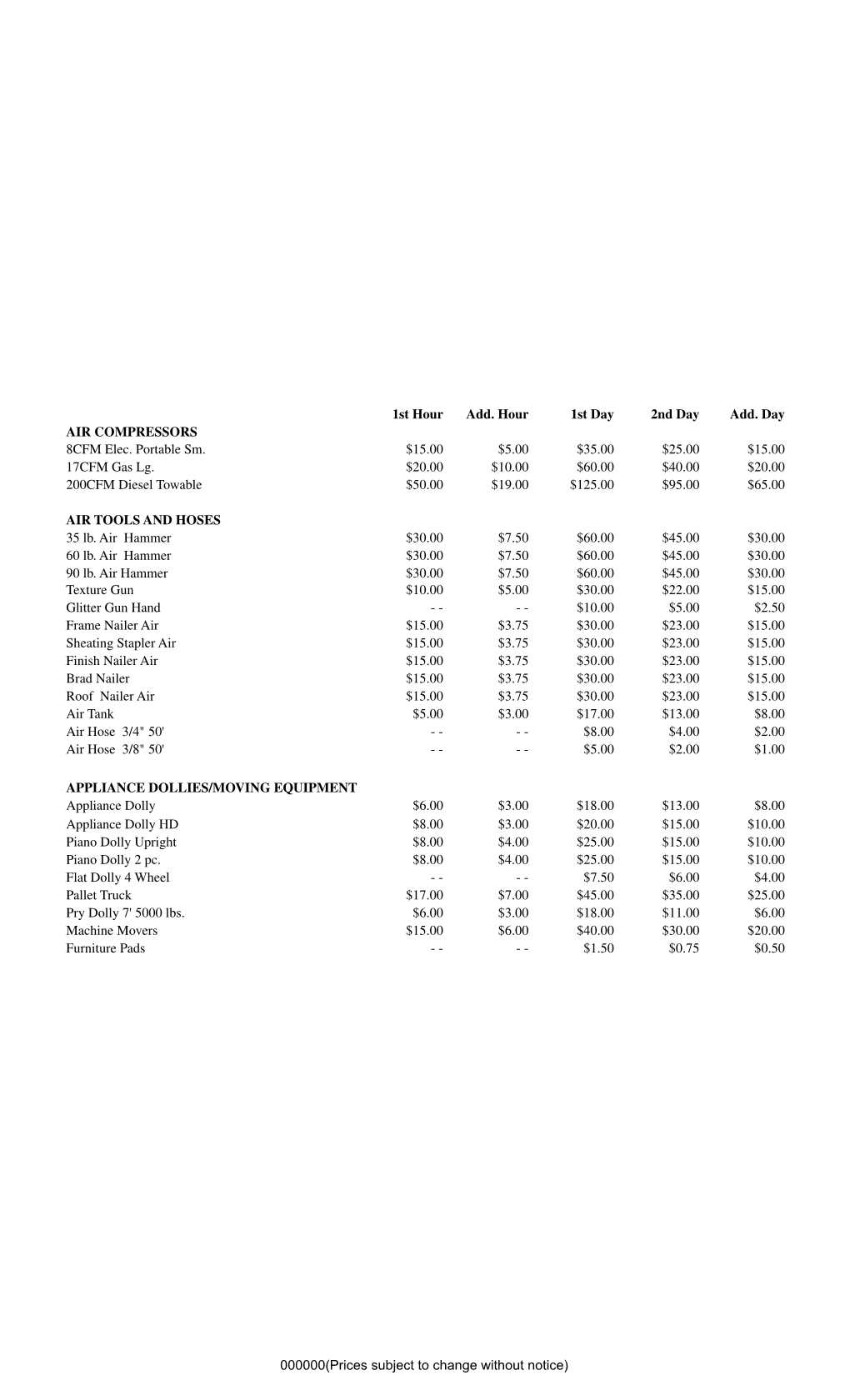 Equipment List & Prices