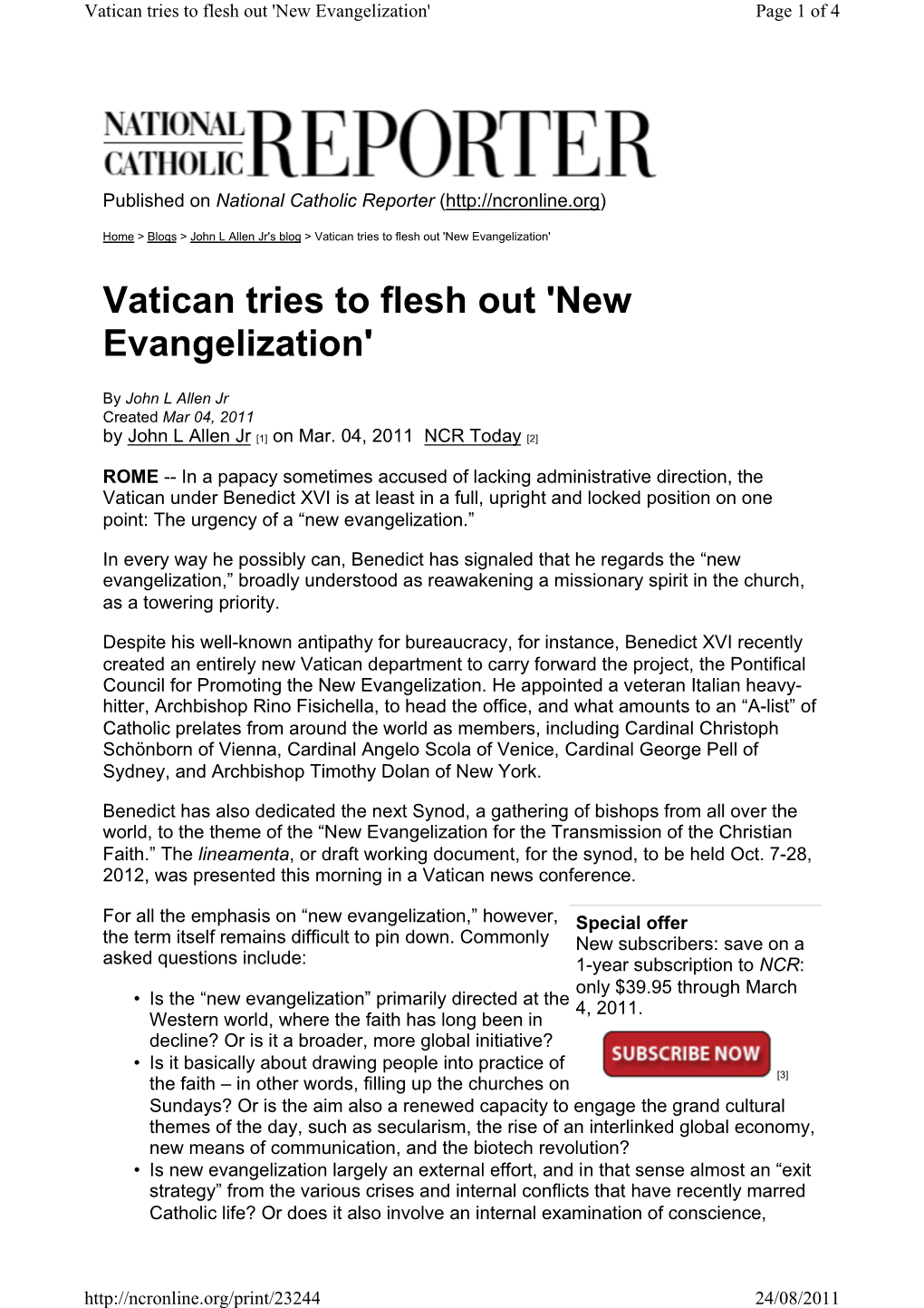 Vatican Tries to Flesh out 'New Evangelization' Page 1 of 4