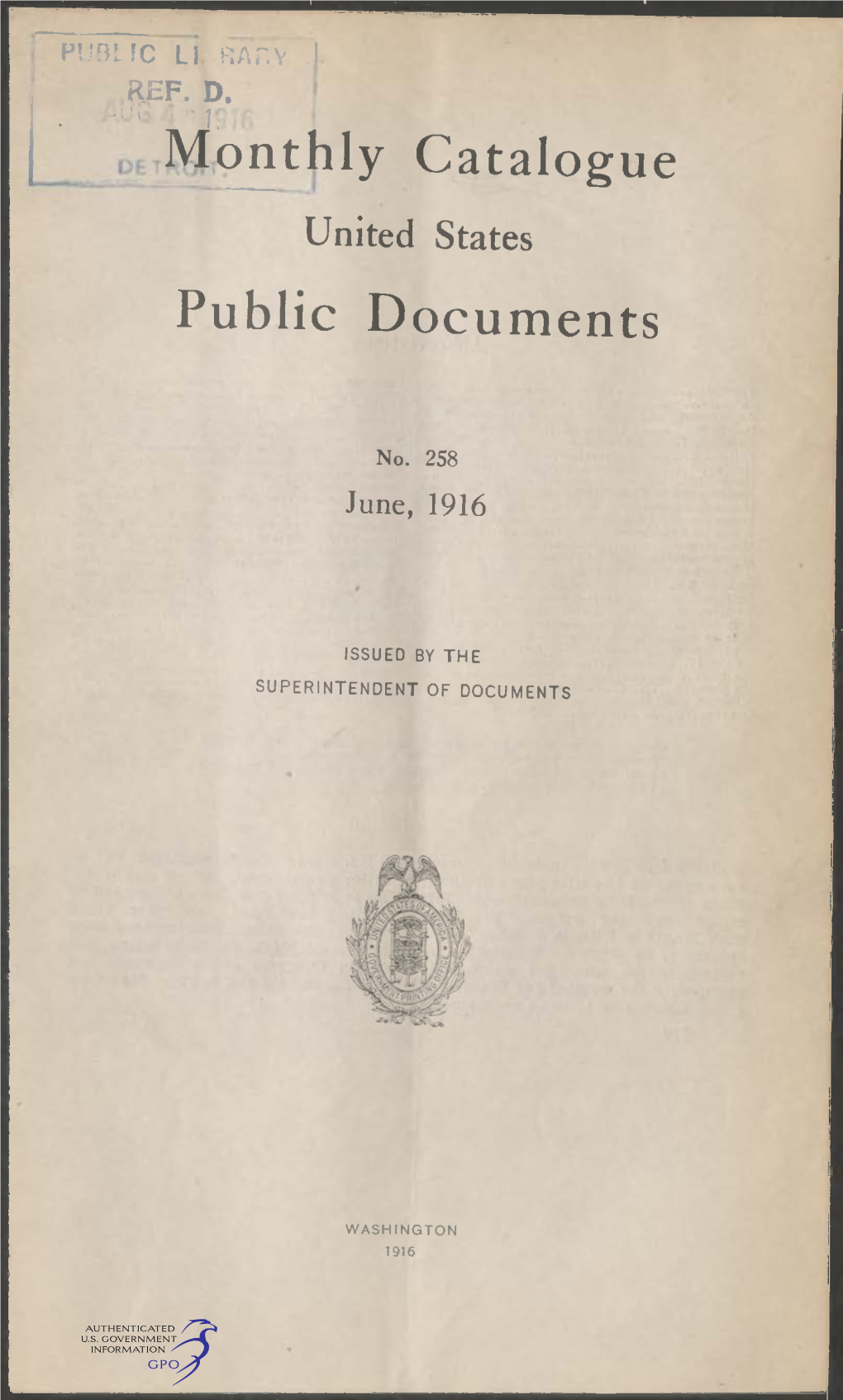 Monthly Catalogue, United States Public Documents, June 1916