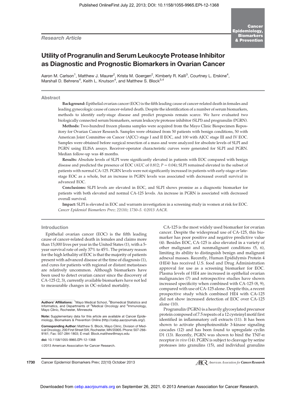 Utility of Progranulin and Serum Leukocyte Protease Inhibitor As Diagnostic and Prognostic Biomarkers in Ovarian Cancer