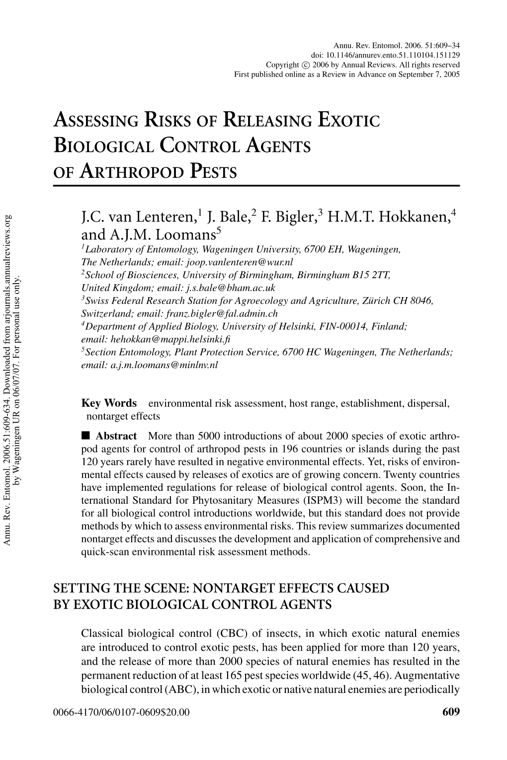 Assessing Risks of Releasing Exotic Biological Control Agents of Arthropod Pests