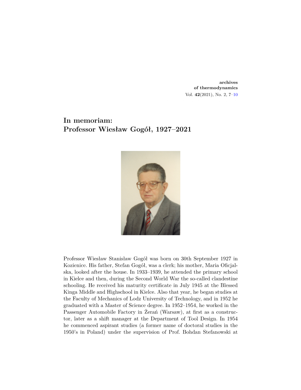 In Memoriam: Professor Wiesław Gogół, 1927–2021