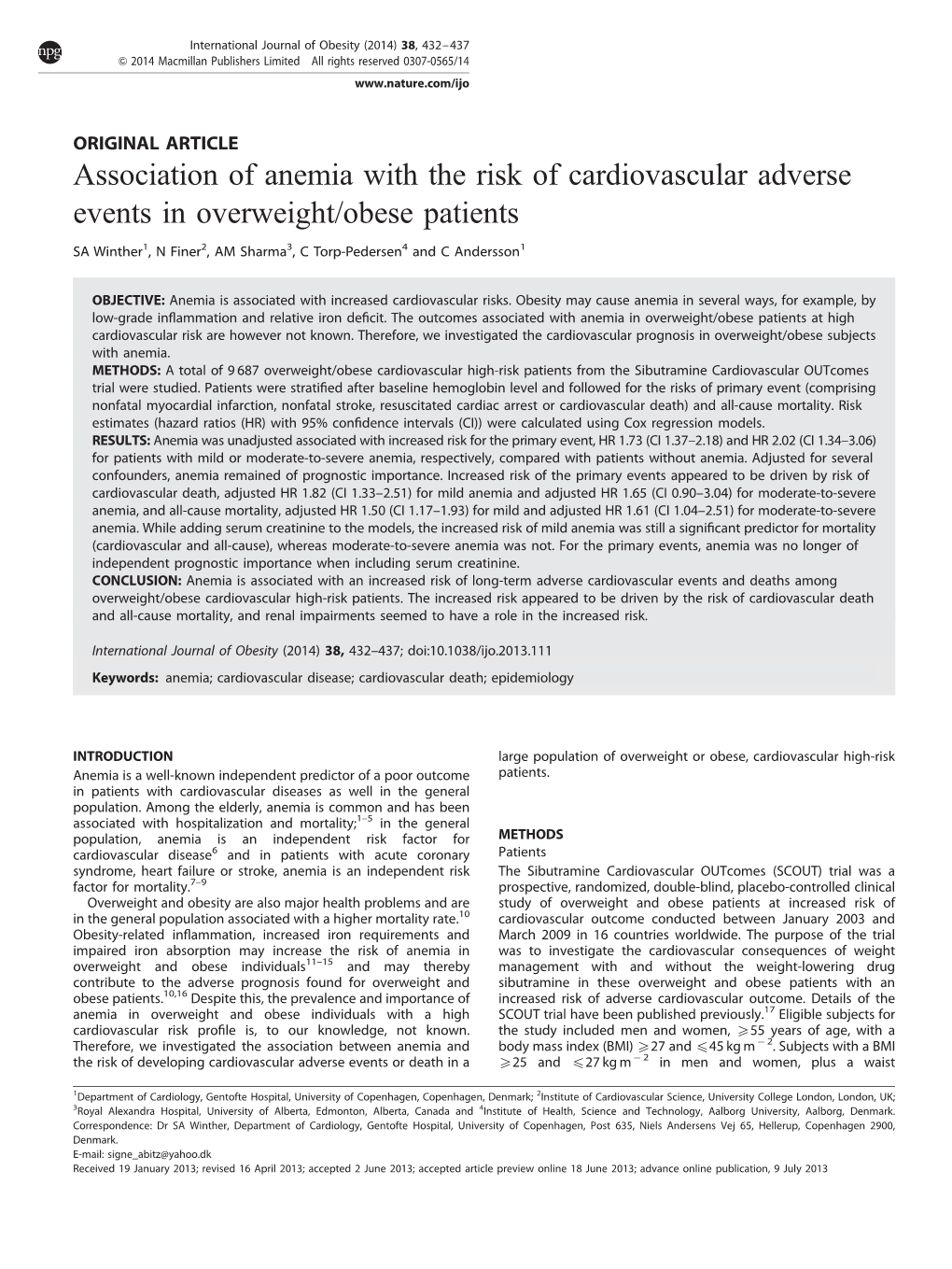 Association of Anemia with the Risk of Cardiovascular Adverse Events in Overweight/Obese Patients