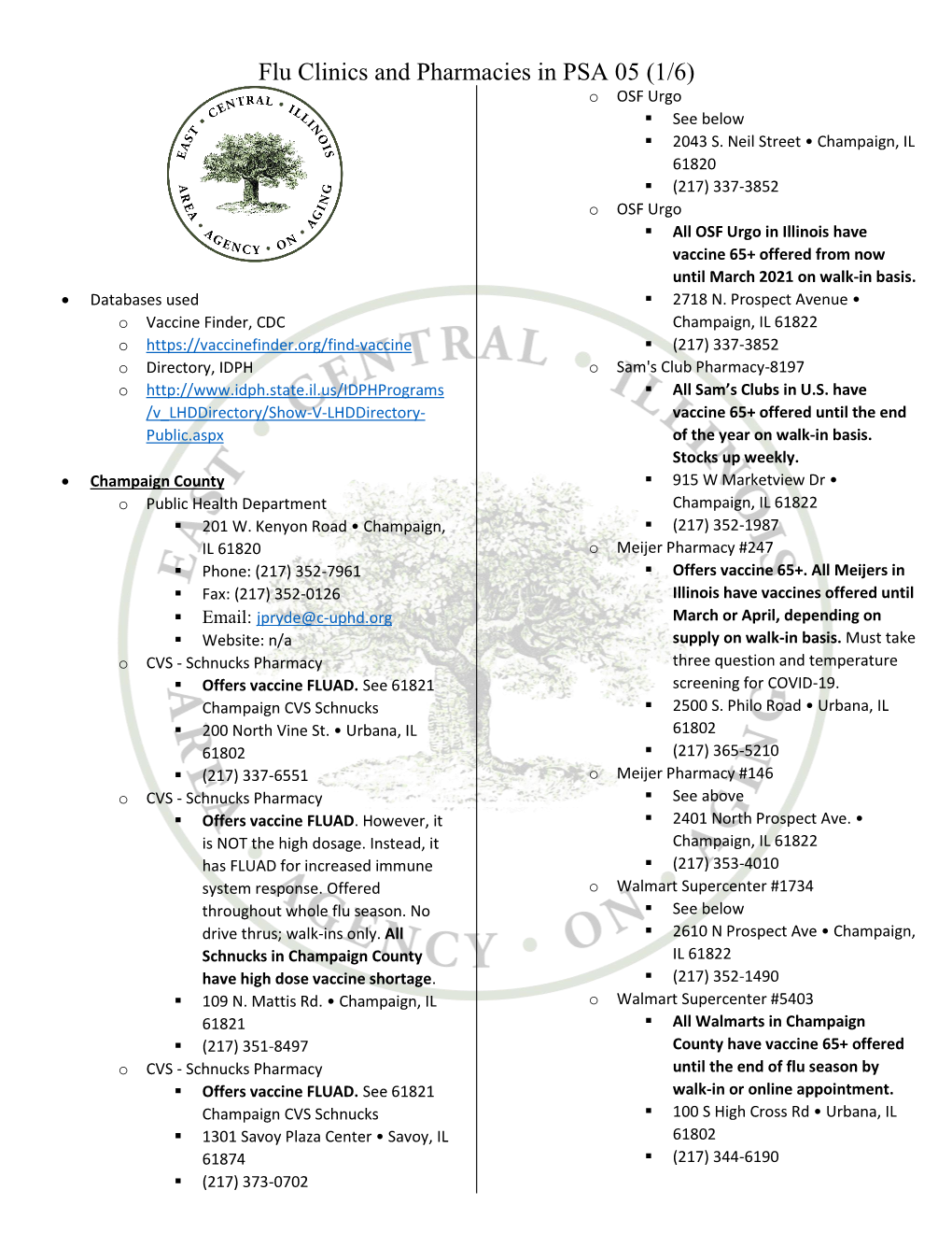 Flu Clinics and Pharmacies in PSA 05 (1/6) O OSF Urgo ▪ See Below ▪ 2043 S