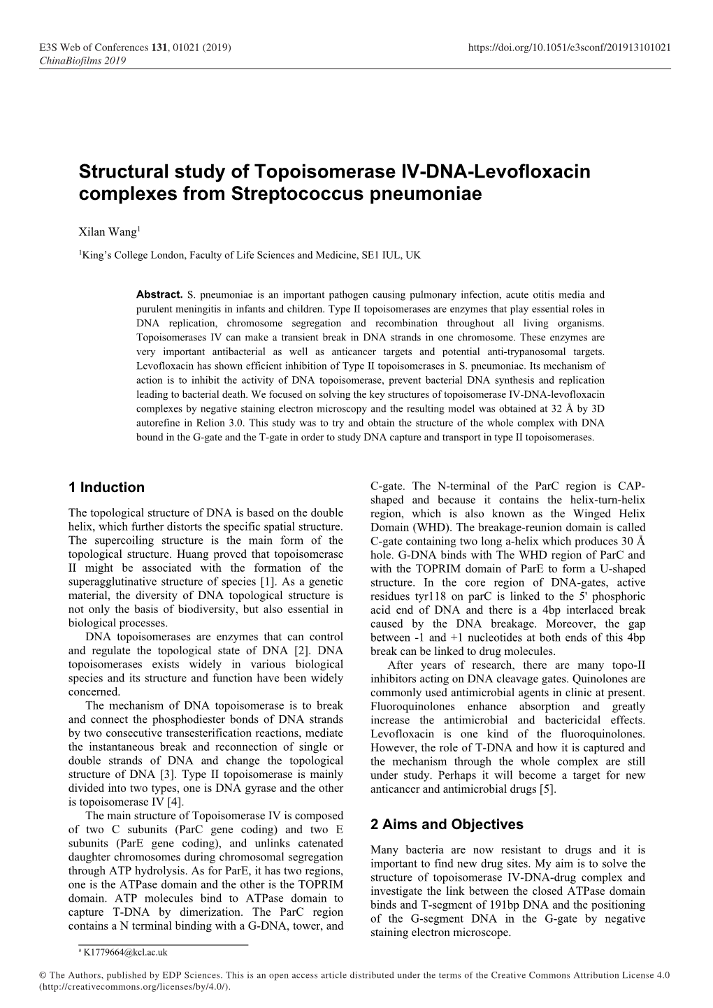 Structural Study of Topoisomerase IV-DNA-Levofloxacin Complexes from Streptococcus Pneumoniae