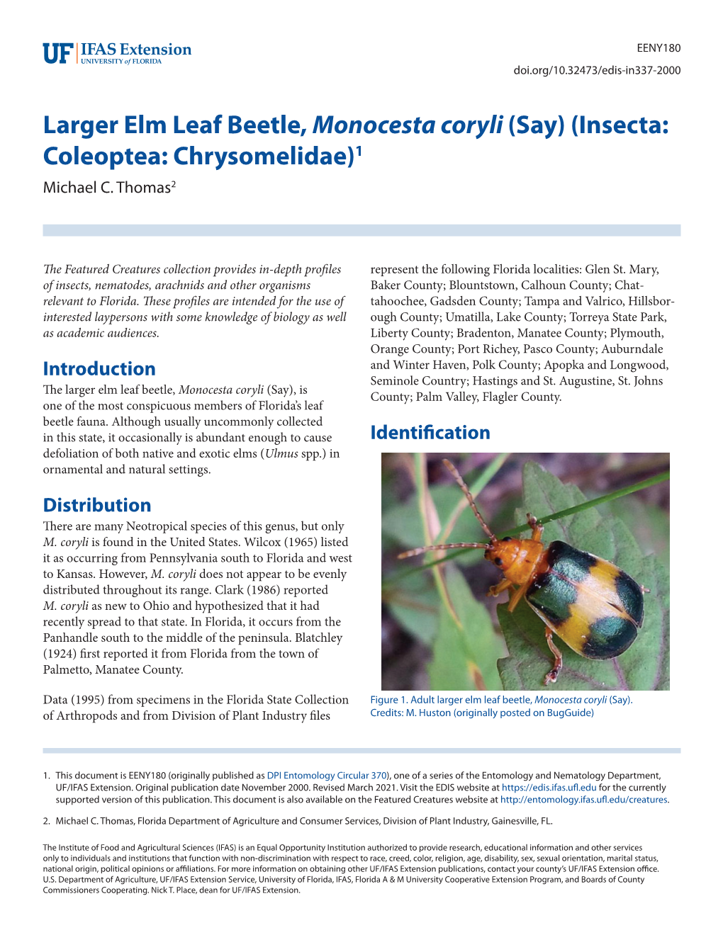 Larger Elm Leaf Beetle, Monocesta Coryli (Say) (Insecta: Coleoptea: Chrysomelidae)1 Michael C