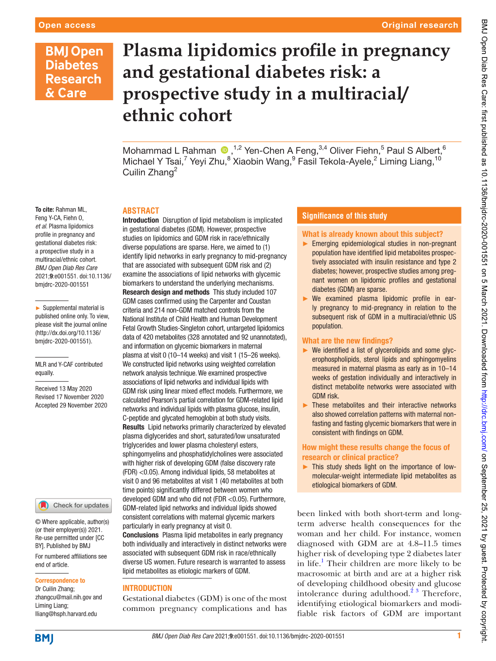 Plasma Lipidomics Profile in Pregnancy and Gestational Diabetes Risk: a Prospective Study in a Multiracial/ Ethnic Cohort