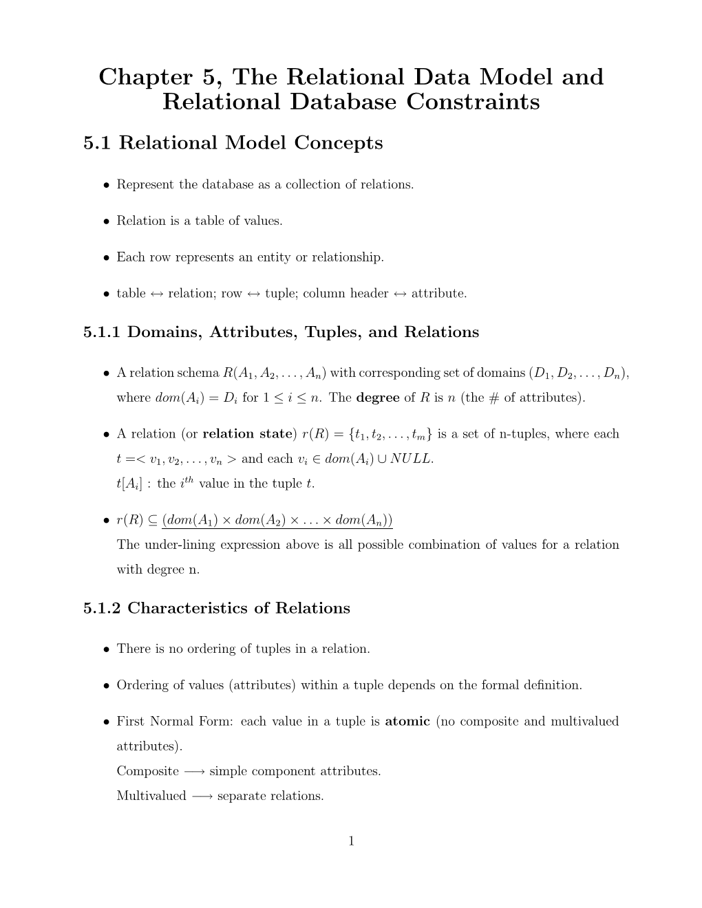 Chapter 5, the Relational Data Model and Relational Database Constraints 5.1 Relational Model Concepts