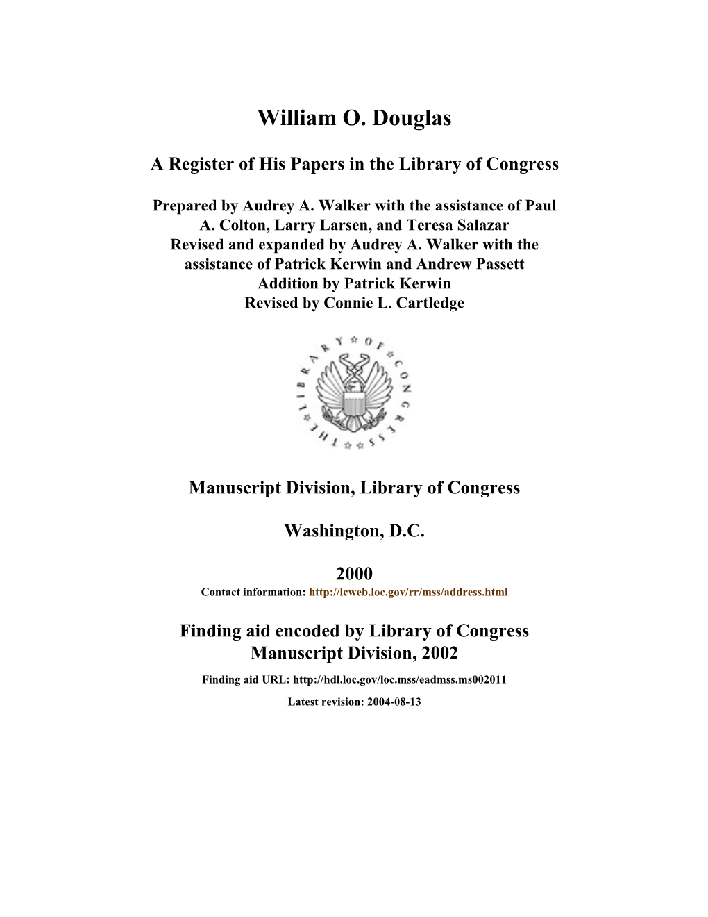 Papers of William O. Douglas [Finding Aid]. Library of Congress