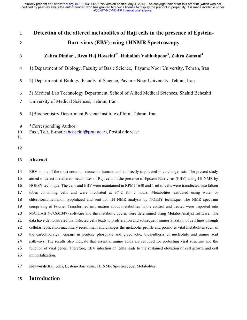 Detection of the Altered Metabolites of Raji Cells in the Presence of Epstein-Barr Virus (EBV) Using 1HNMR Spectroscopy