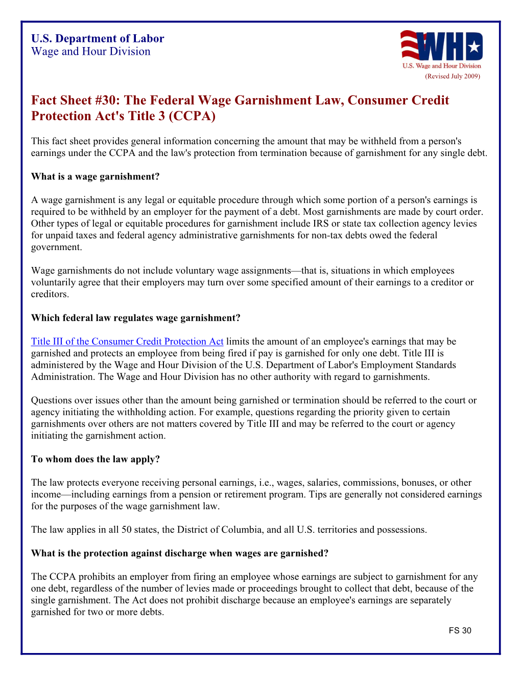 The Federal Wage Garnishment Law, Consumer Credit Protection Act's Title 3 (CCPA)