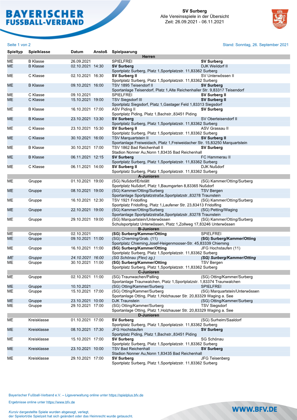 SV Surberg Alle Vereinsspiele in Der Übersicht Zeit: 26.09.2021 - 06.11.2021