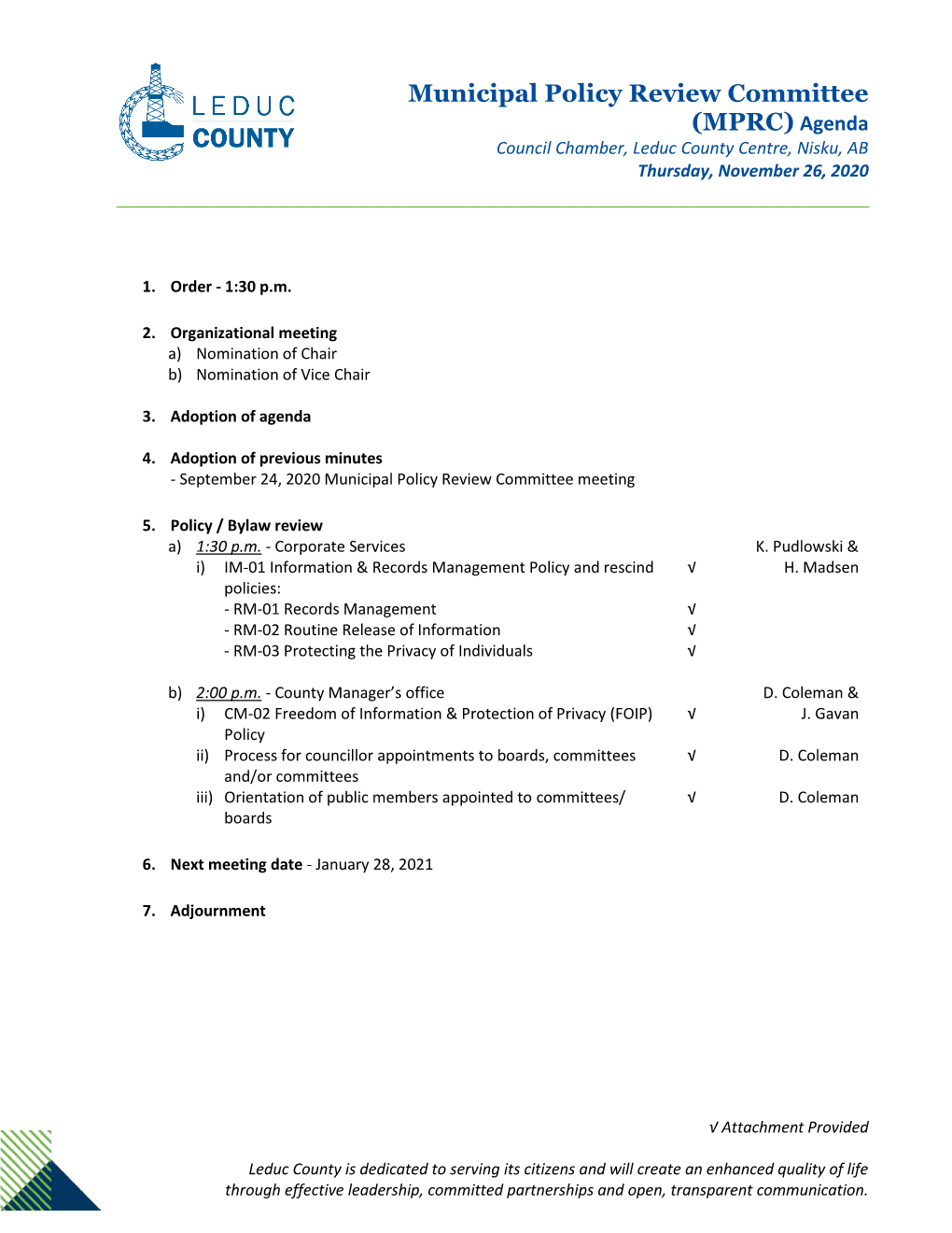 Nov. 26, 2020 Municipal Policy Review Committee Agenda