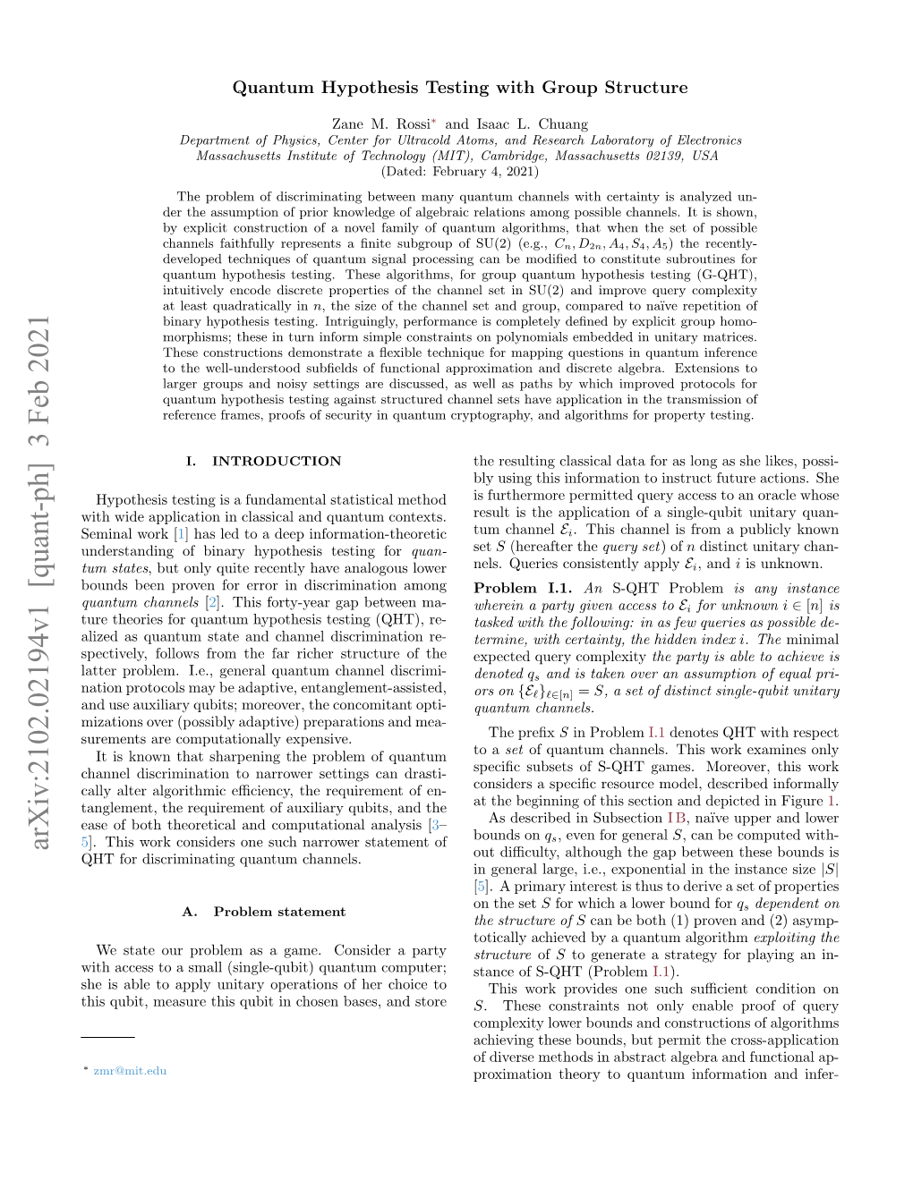 Arxiv:2102.02194V1 [Quant-Ph] 3 Feb 2021 QHT for Discriminating Quantum Channels