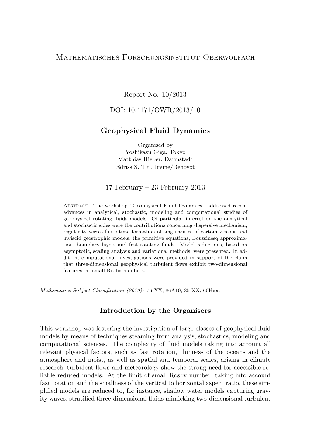 Mathematisches Forschungsinstitut Oberwolfach Geophysical Fluid