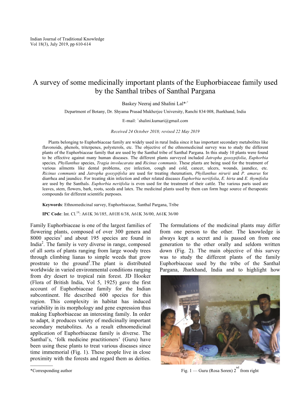 A Survey of Some Medicinally Important Plants of the Euphorbiaceae Family Used by the Santhal Tribes of Santhal Pargana