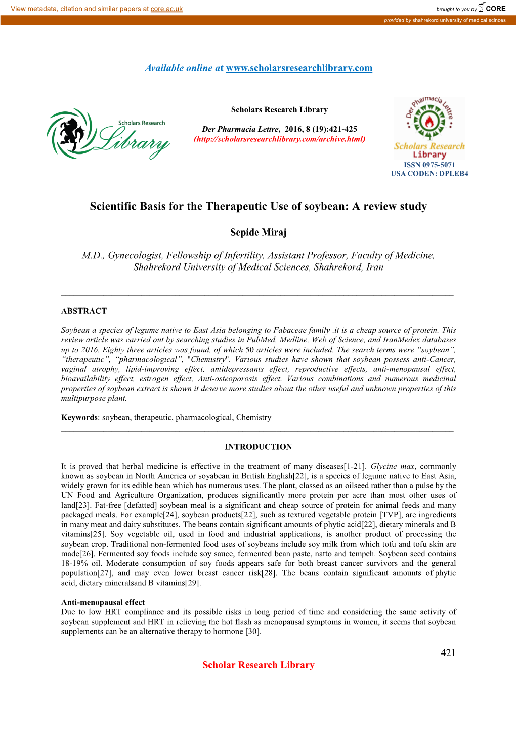 Scientific Basis for the Therapeutic Use of Soybean: a Review Study