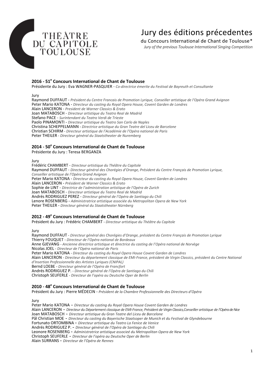 Jury Des Éditions Précedentes Du Concours International De Chant De Toulouse* Jury of the Previous Toulouse International Singing Competition