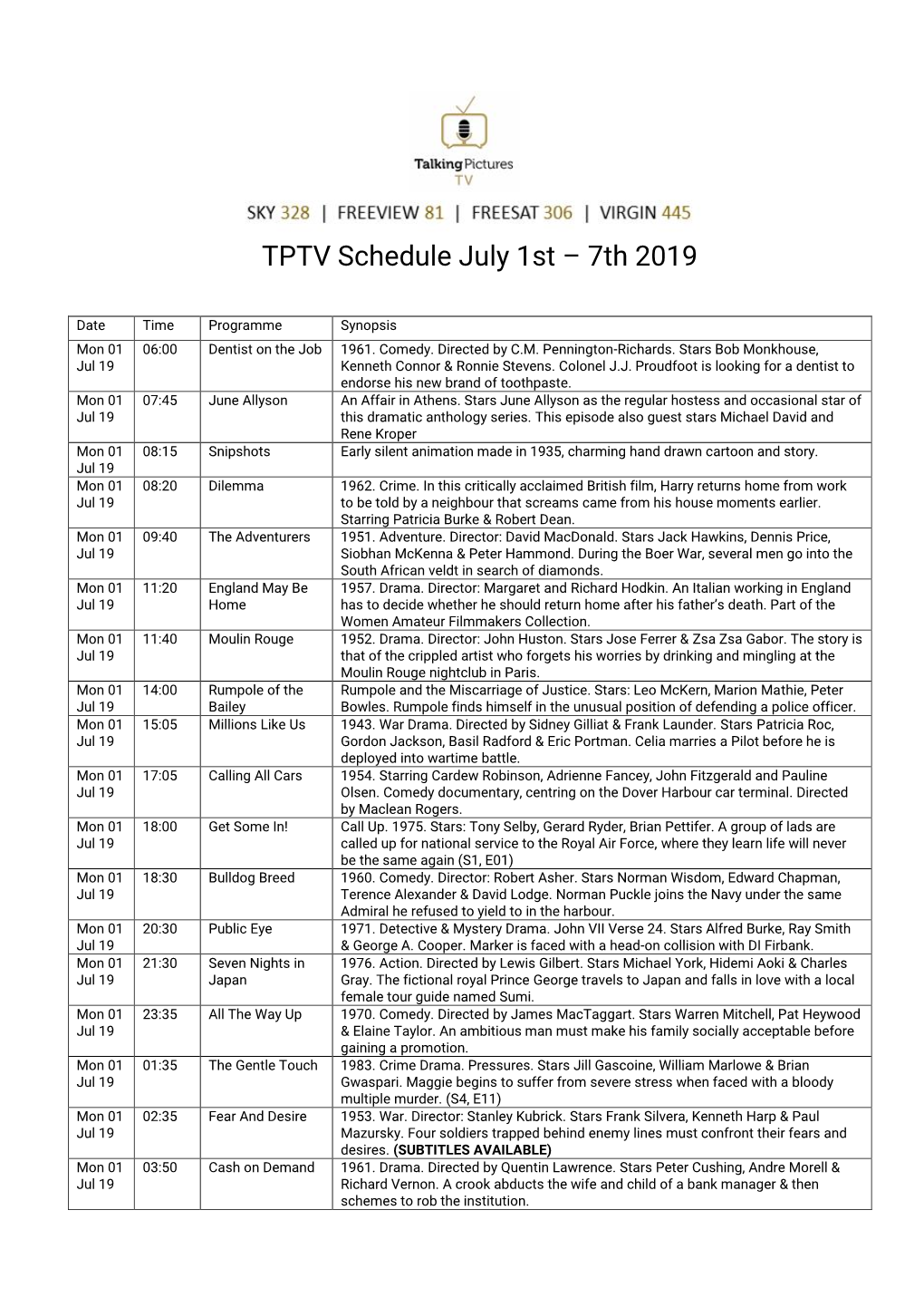 TPTV Schedule July 1St – 7Th 2019