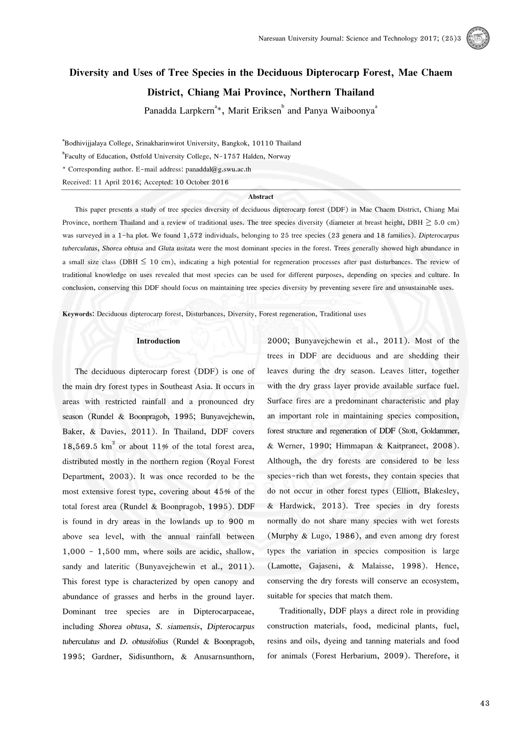 Diversity and Uses of Tree Species in the Deciduous Dipterocarp Forest, Mae Chaem District, Chiang Mai Province, Northern Thaila