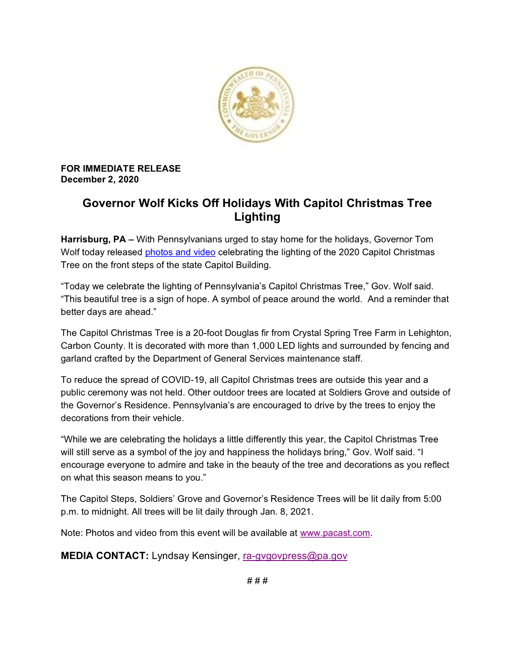 Governor Wolf Kicks Off Holidays with Capitol Christmas Tree Lighting