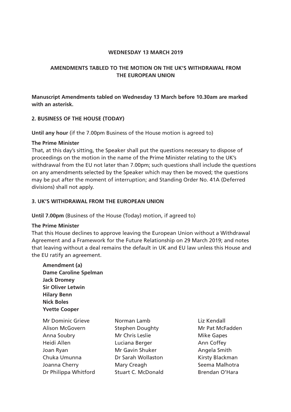 Wednesday 13 March 2019 Amendments Tabled to The