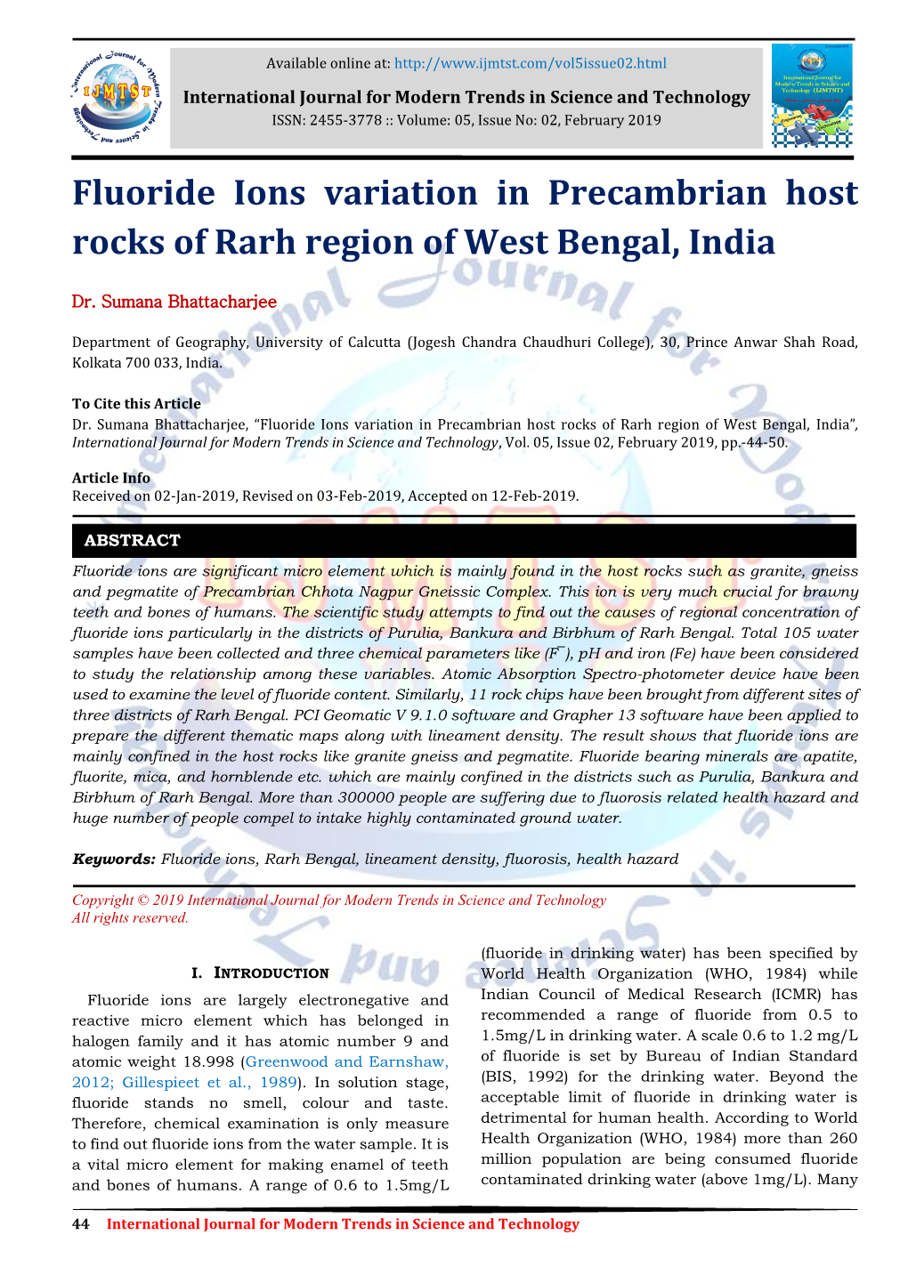 Fluoride Ions Variation in Precambrian Host Rocks of Rarh Region of West Bengal, India