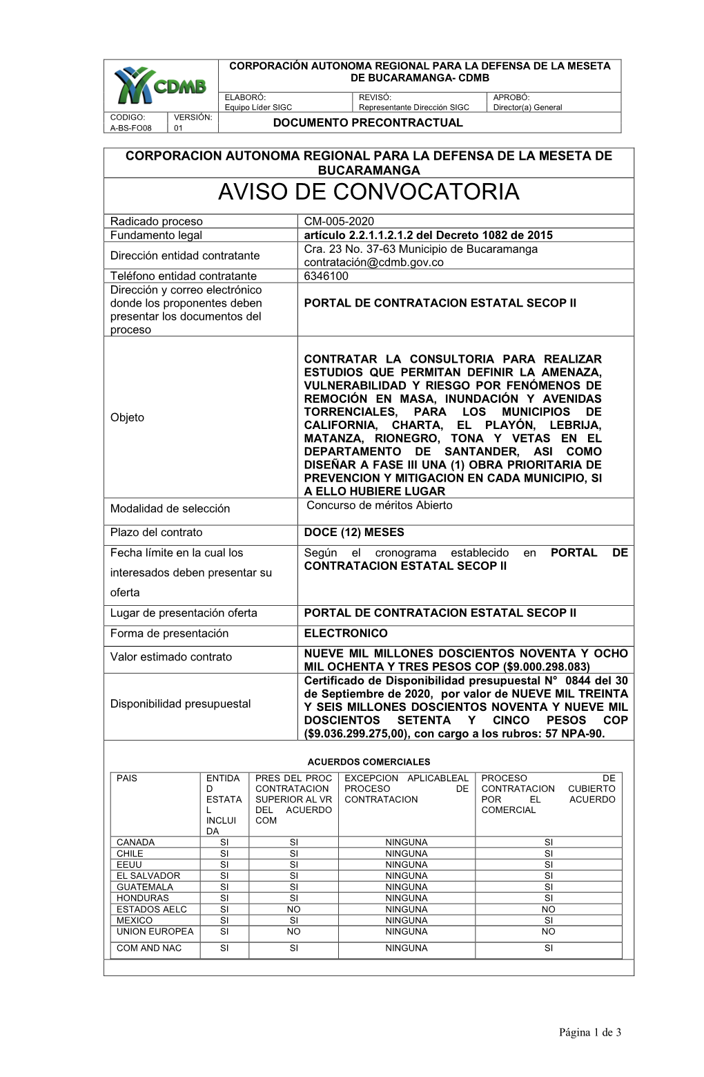 Aviso De Convocatoria