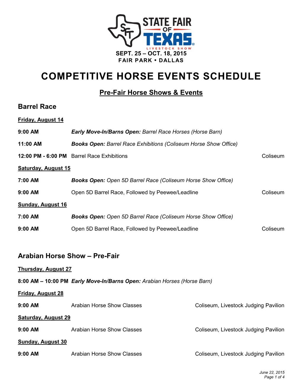 Competitive Horse Events Schedule