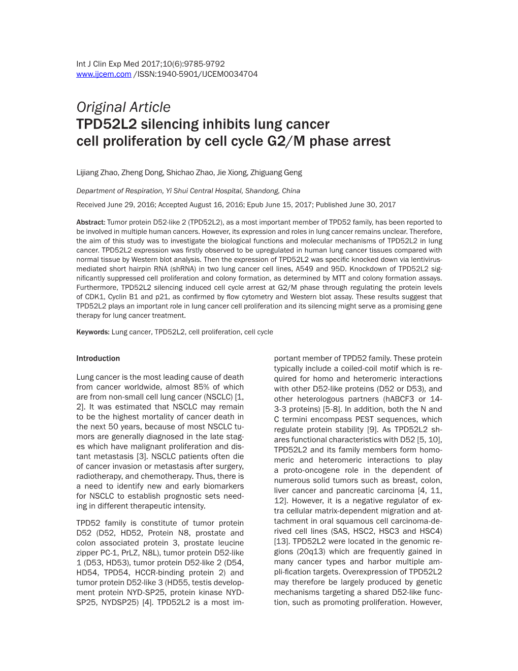 Original Article TPD52L2 Silencing Inhibits Lung Cancer Cell Proliferation by Cell Cycle G2/M Phase Arrest