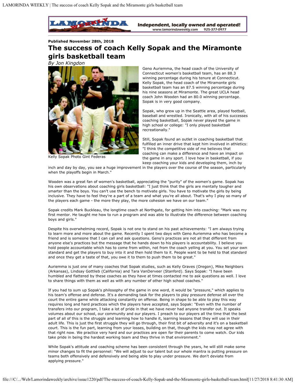 The Success of Coach Kelly Sopak and the Miramonte Girls Basketball Team