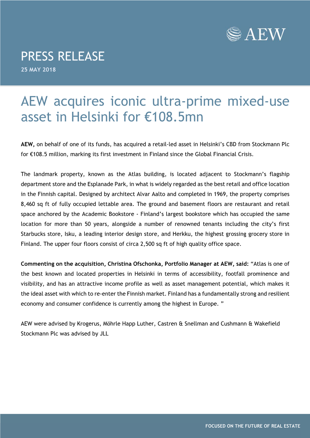 AEW Acquires Iconic Ultra-Prime Mixed-Use Asset in Helsinki for €108.5Mn