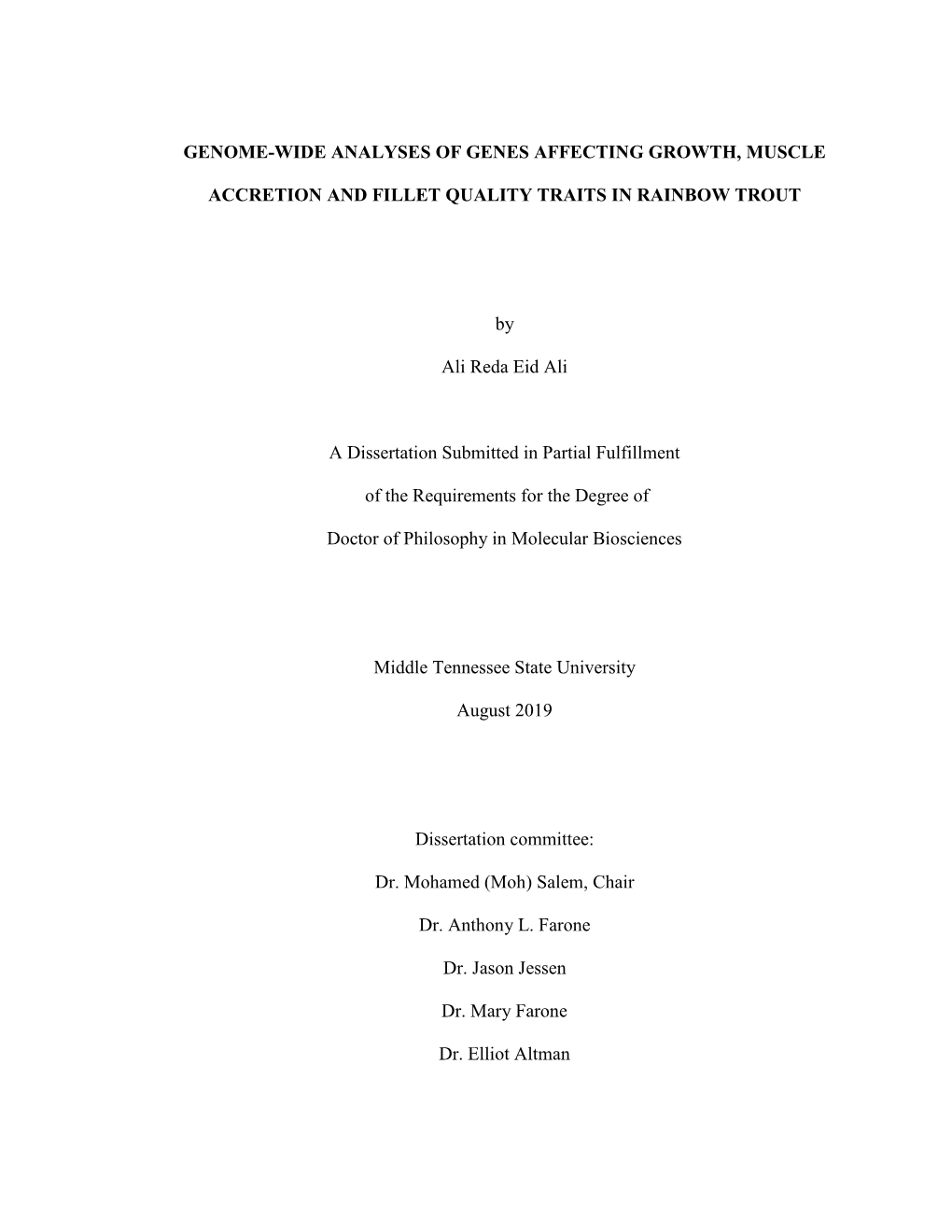 GENOME-WIDE ANALYSES of GENES AFFECTING GROWTH, MUSCLE ACCRETION and FILLET QUALITY TRAITS in RAINBOW TROUT by Ali Reda Eid