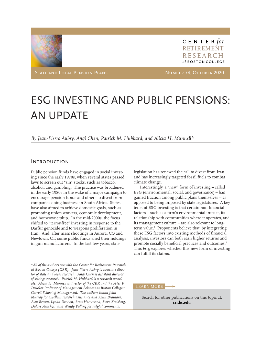 Esg Investing and Public Pensions: an Update