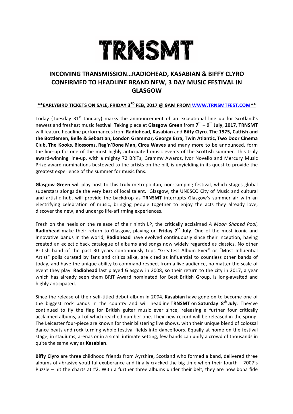 Incoming Transmission…Radiohead, Kasabian & Biffy Clyro Confirmed to Headline Brand New, 3 Day Music Festival in Glasgow