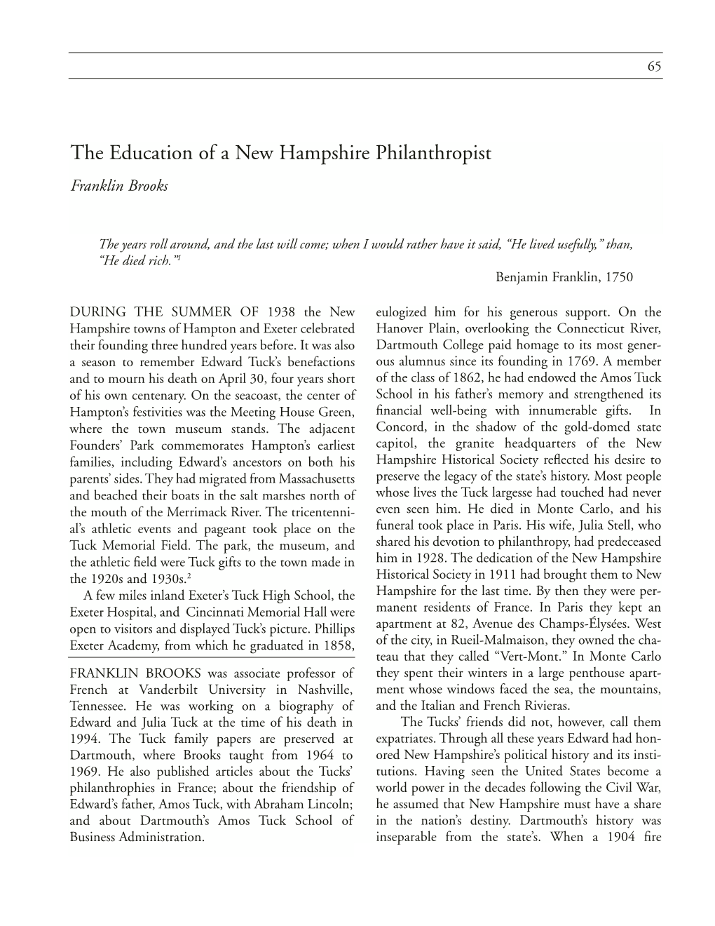 The Education of a New Hampshire Philanthropist Franklin Brooks