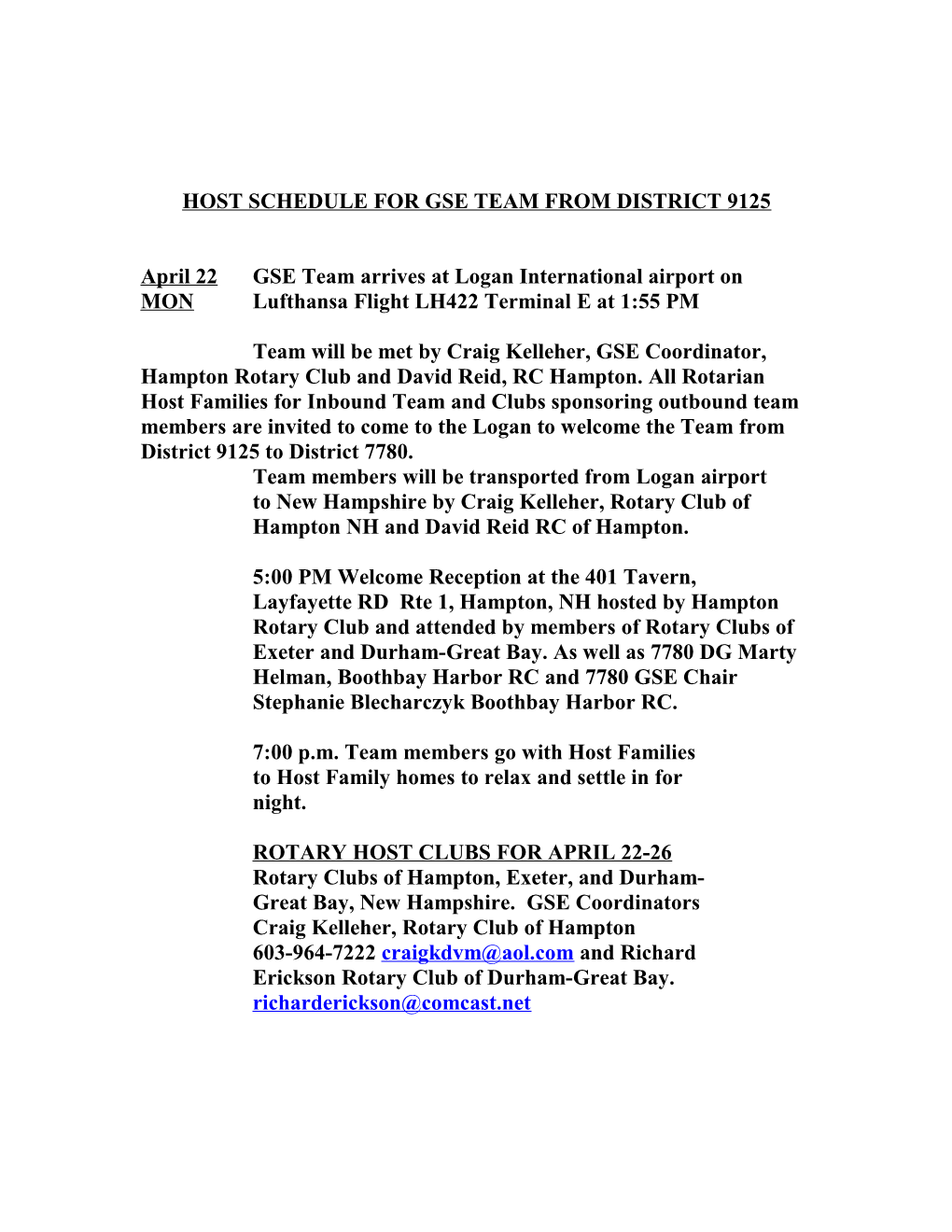 Host Schedule for Gse Team from District 9125