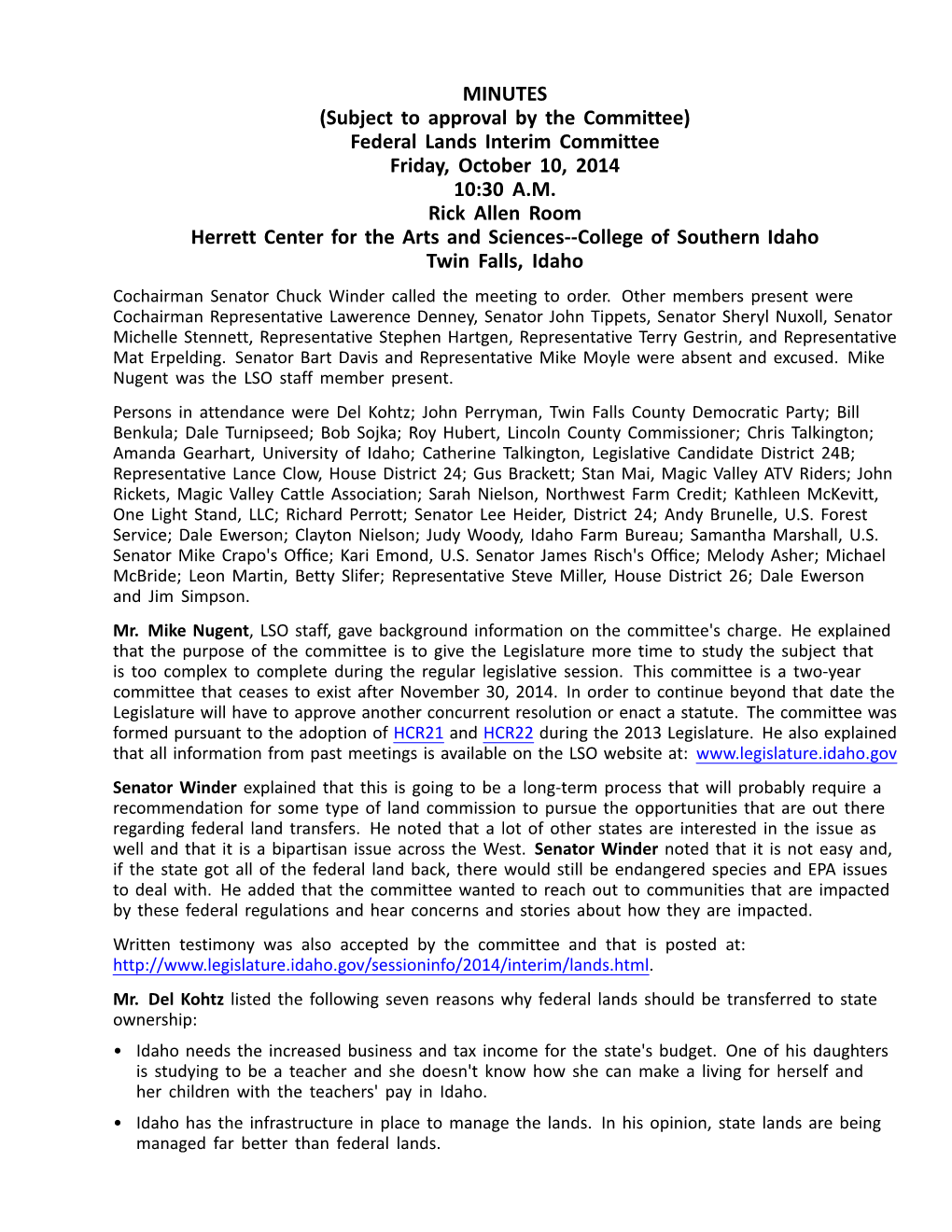 Federal Lands Interim Committee Friday, October 10, 2014 10:30 A.M
