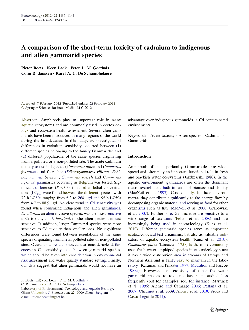 A Comparison of the Short-Term Toxicity of Cadmium to Indigenous and Alien Gammarid Species