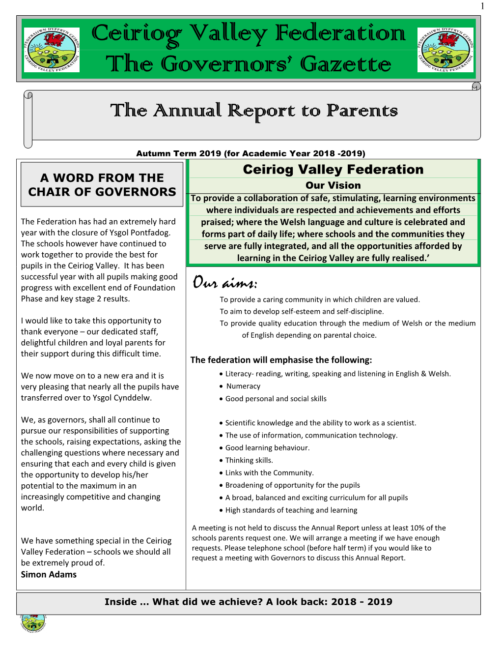 Ceiriog Valley Federation the Governors' Gazette