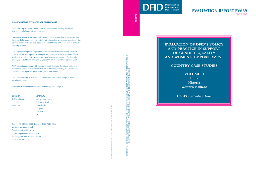 Evaluation of DFID's Policy and Practice in Support of Gender